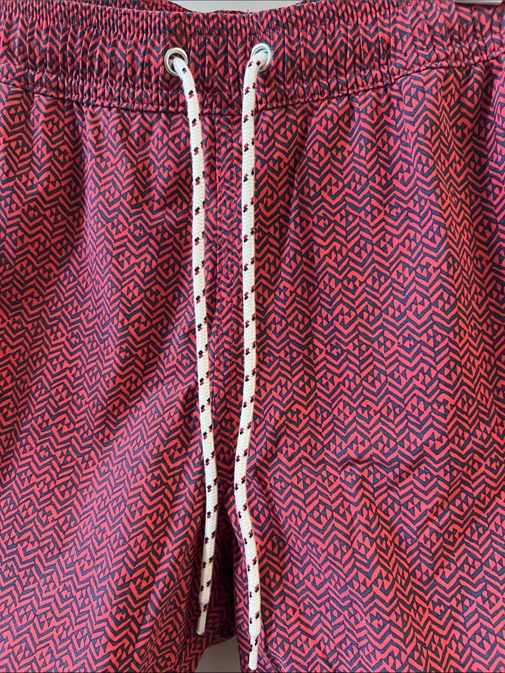 J. Crew Red Geometric Swim Trunks with Drawstring